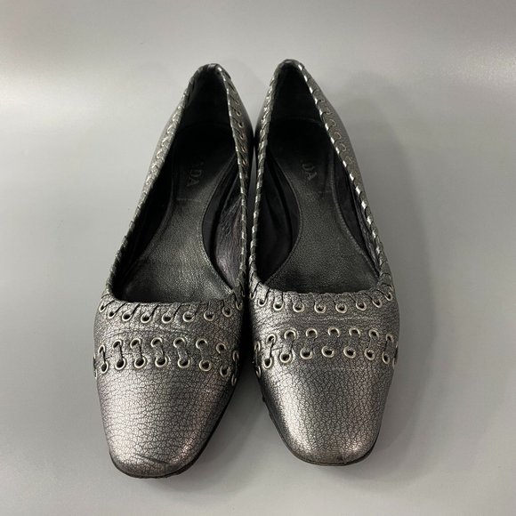 Authentic PRADA Pewter Metallic Leather Block Heels, 36 1/2 - Picture 4 of 11